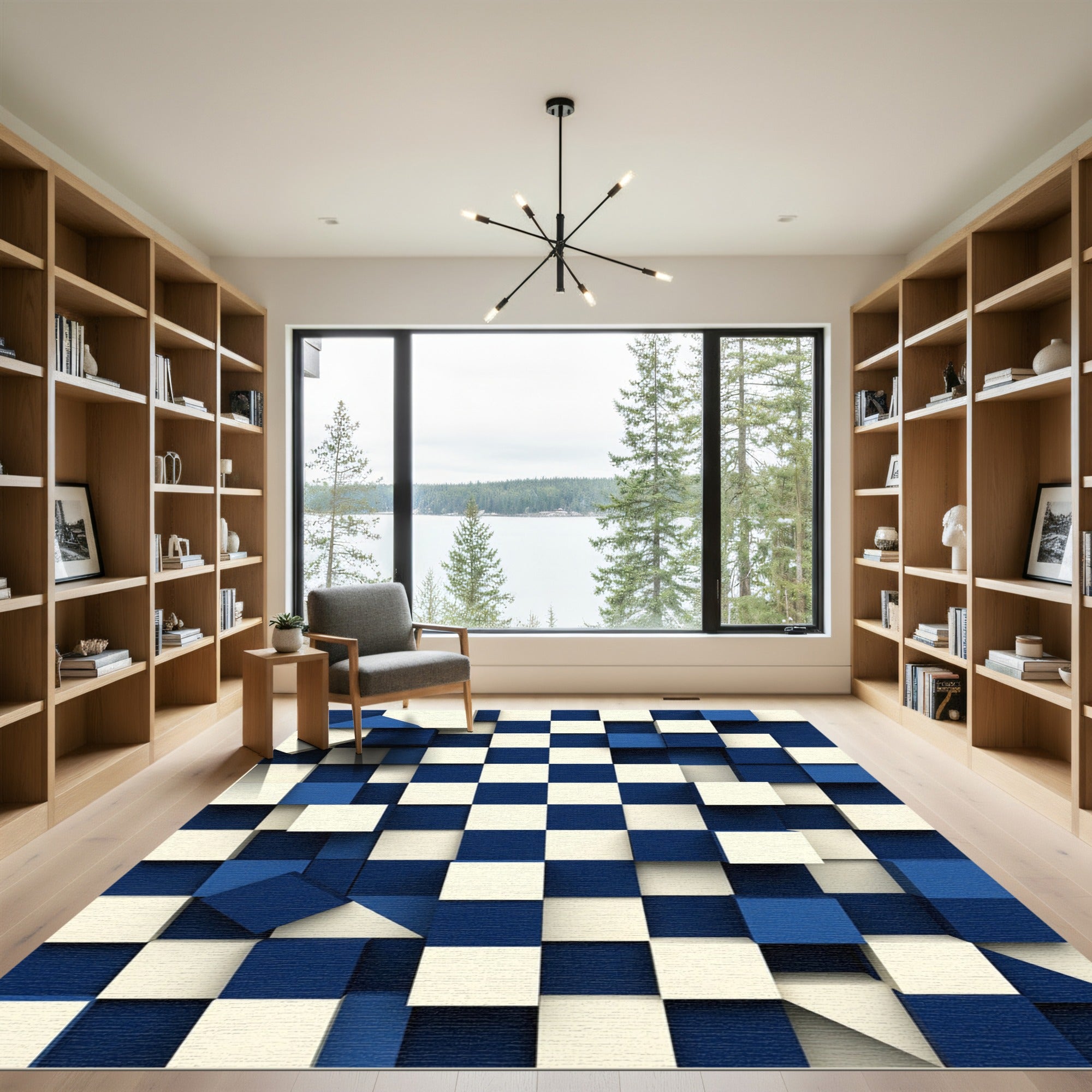 Deep Blue White Geometric Cubes Rug