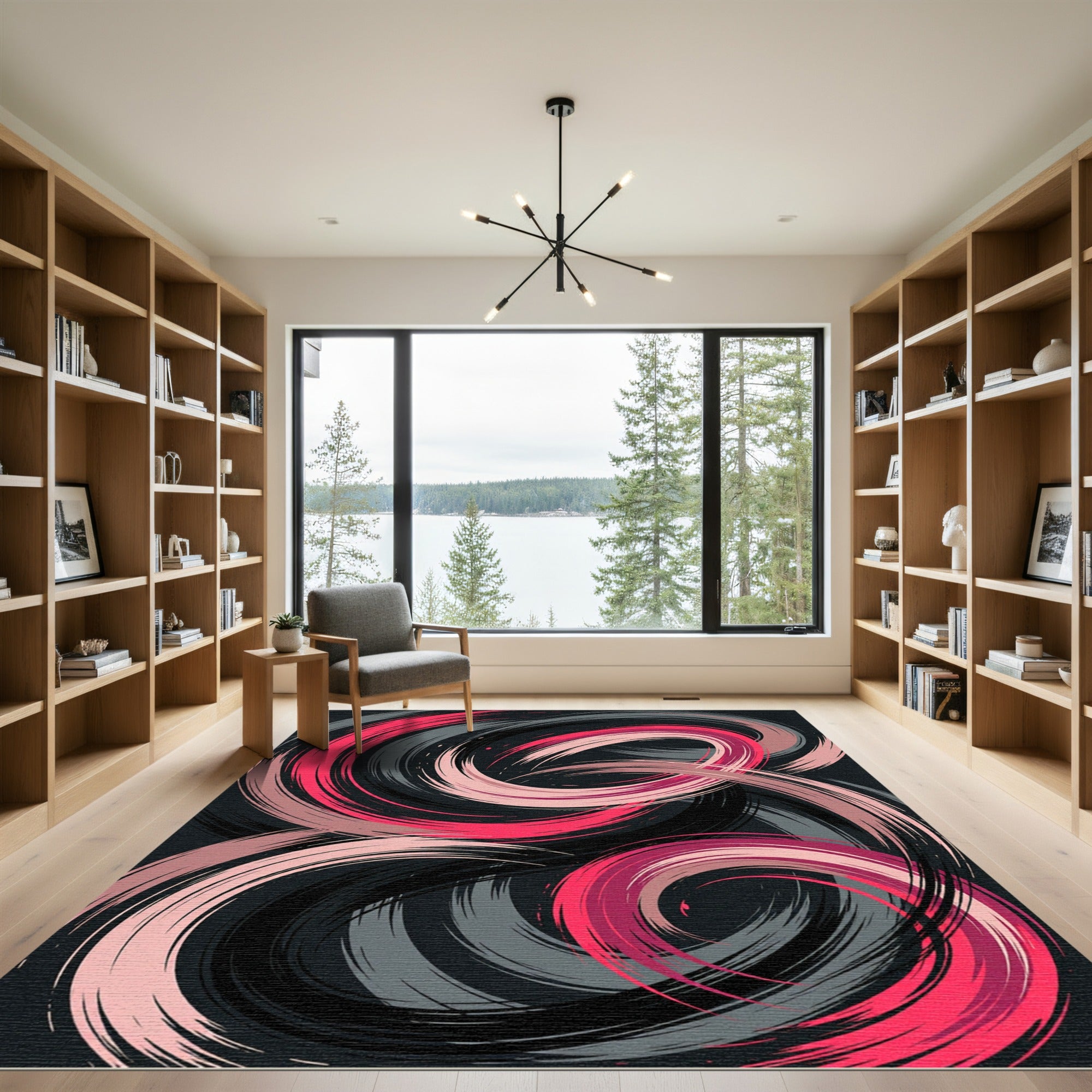 Modern Pink and Charcoal Swirl Rug