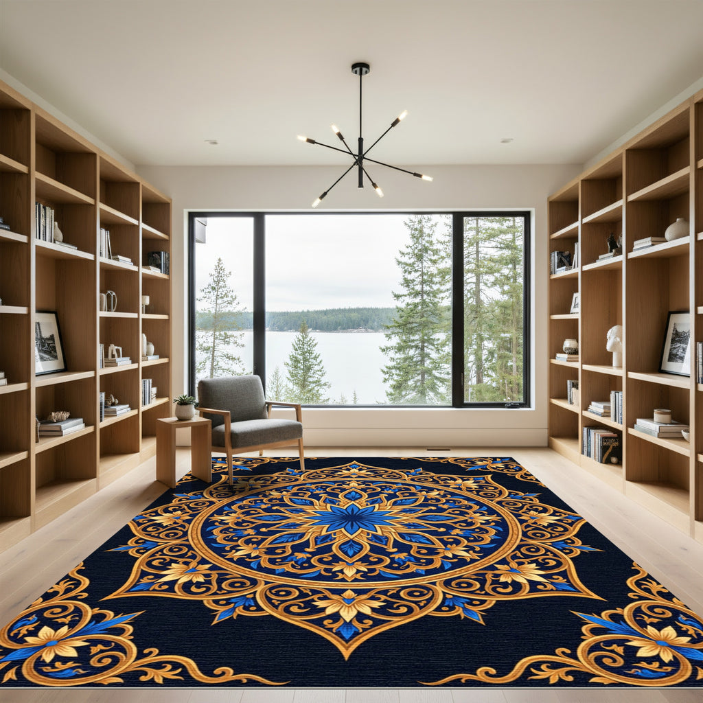 Golden Ornate Floral Medallion Royal Navy Rug