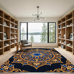 Golden Ornate Floral Medallion Royal Navy Rug