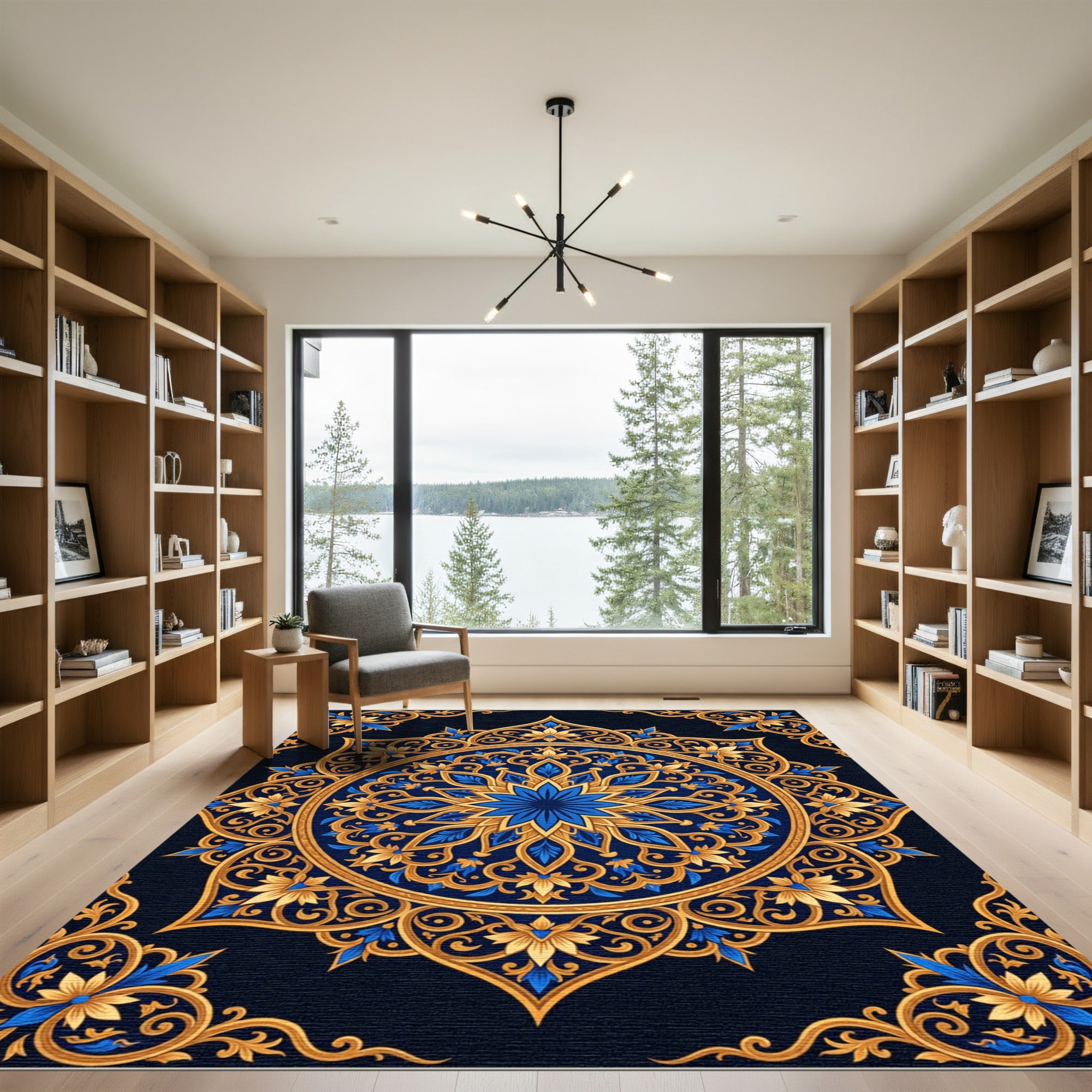 Golden Ornate Floral Medallion Royal Navy Rug