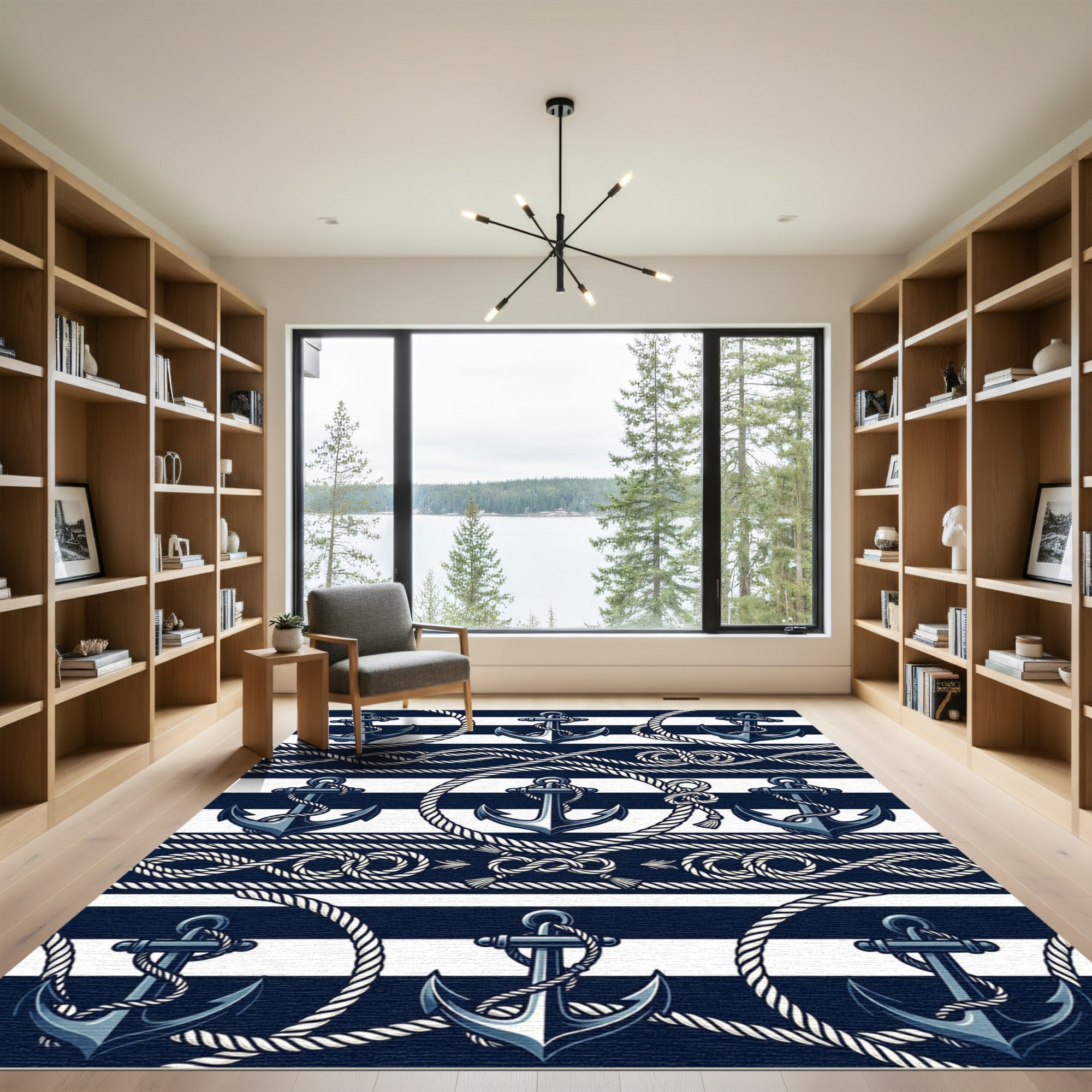 Navy Blue Nautical Anchor Rope Rug