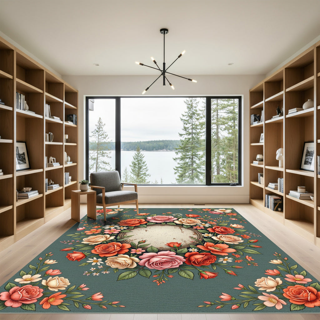 Elegant Floral Rose Wreath Medallion Rug