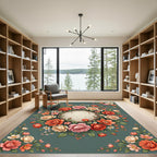 Elegant Floral Rose Wreath Medallion Rug