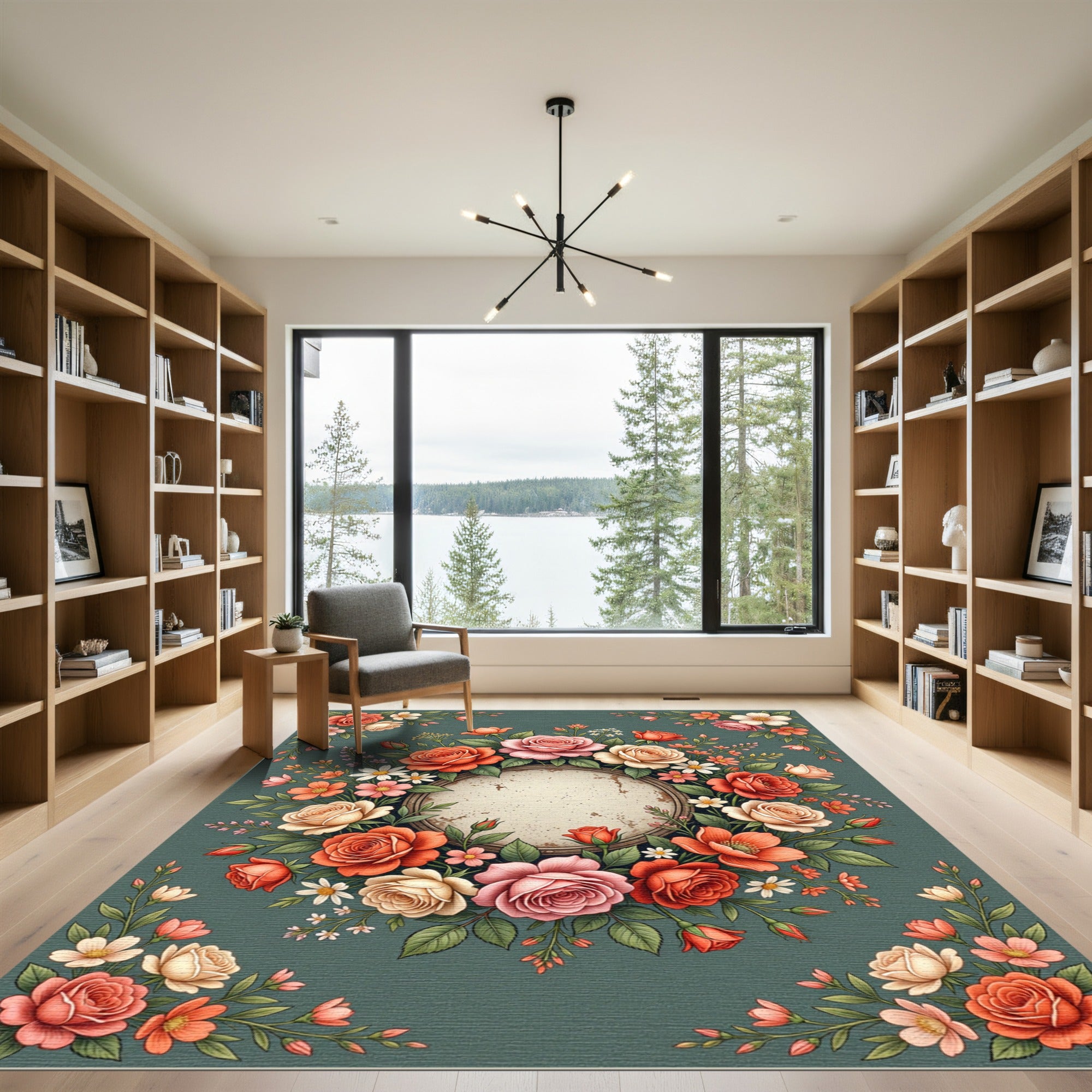 Elegant Floral Rose Wreath Medallion Rug
