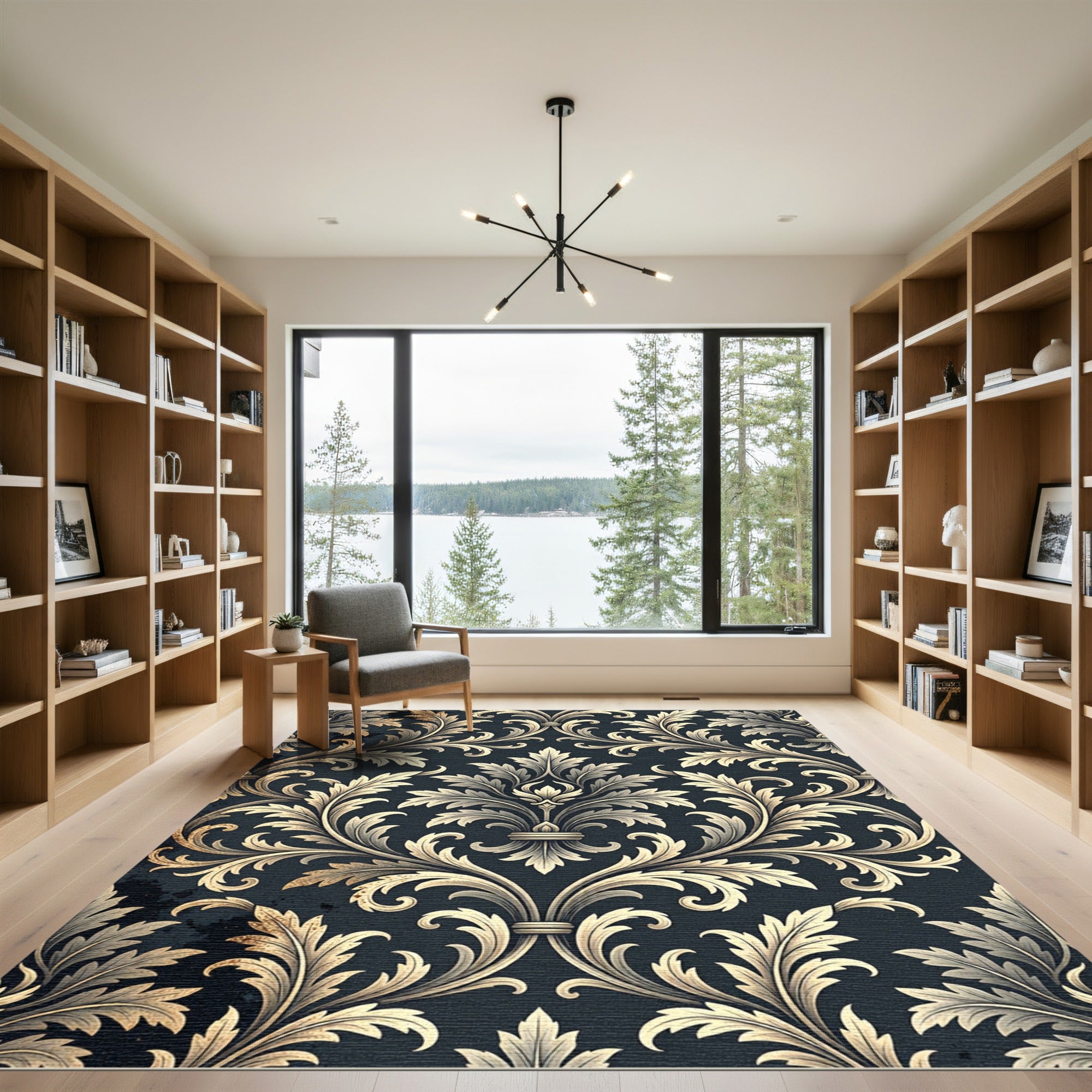 Elegant Charcoal Gold Damask Scroll Rug