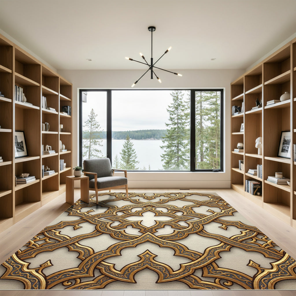 Intricate Gold Arabesque Lattice Rug