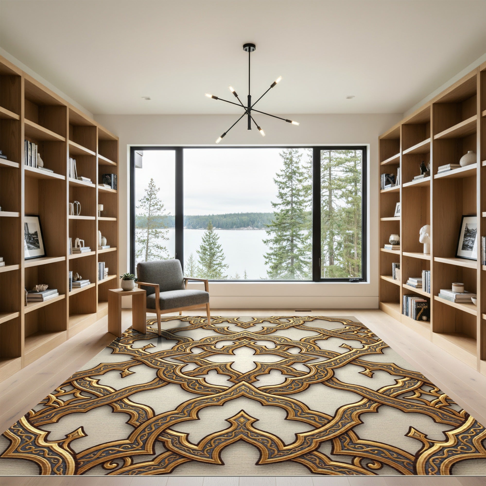 Intricate Gold Arabesque Lattice Rug