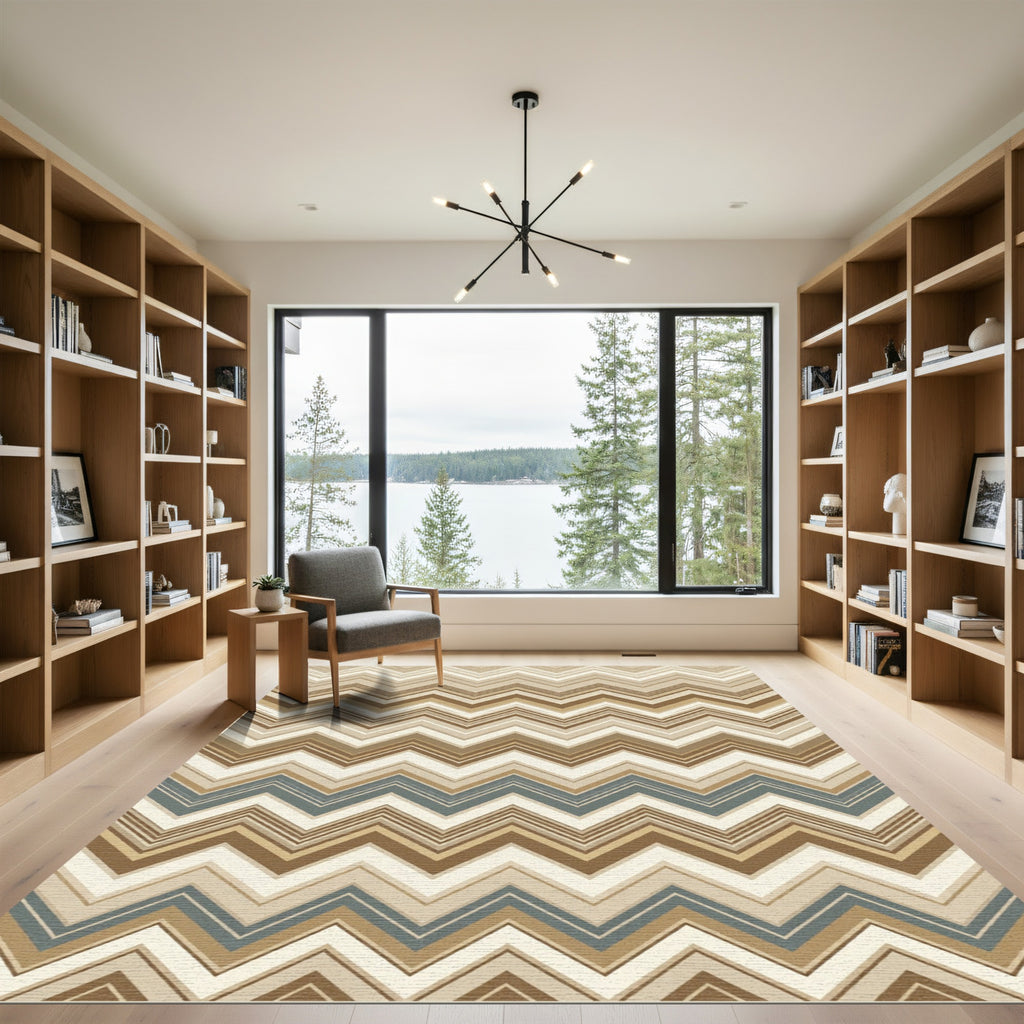 Earthy Chevron Zigzag Brown Blue Rug