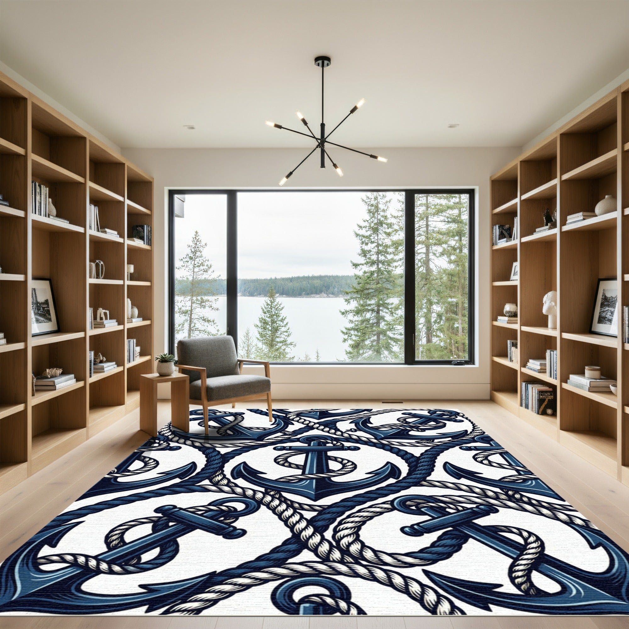 Navy Nautical Anchor Rope Illustration Rug