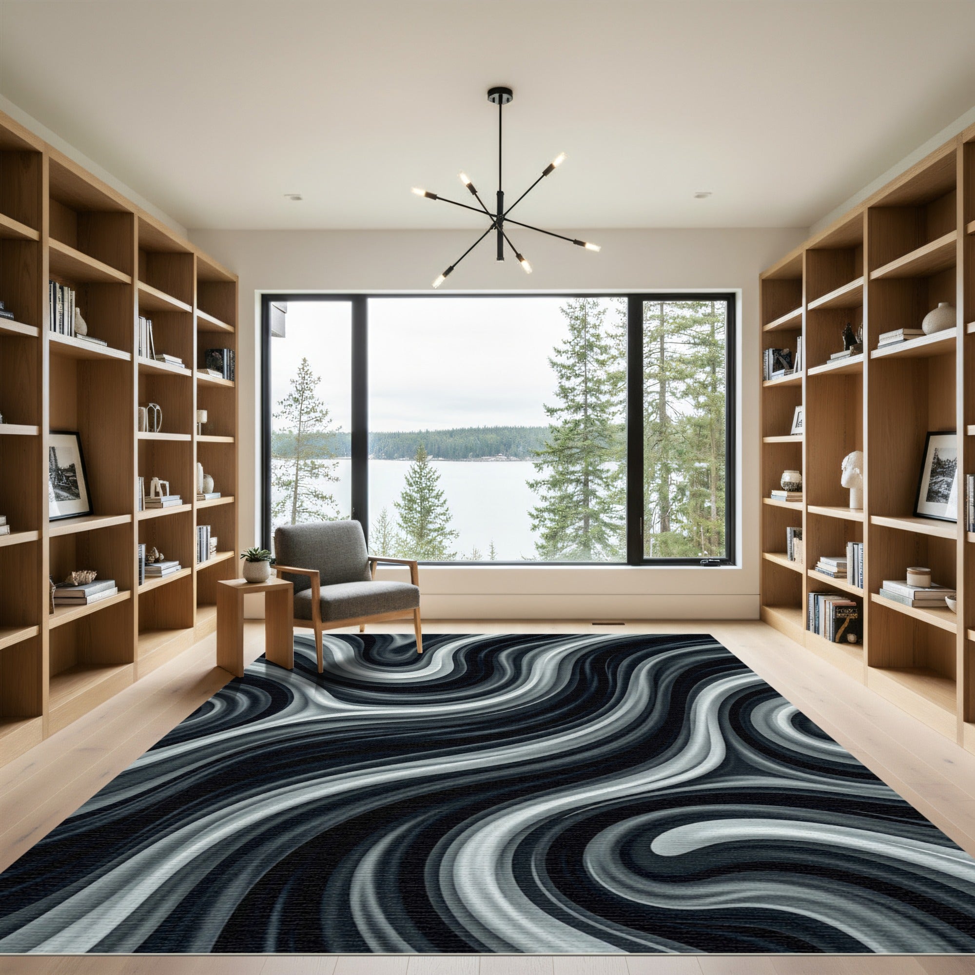 Monochrome Abstract Fluid Swirl Rug