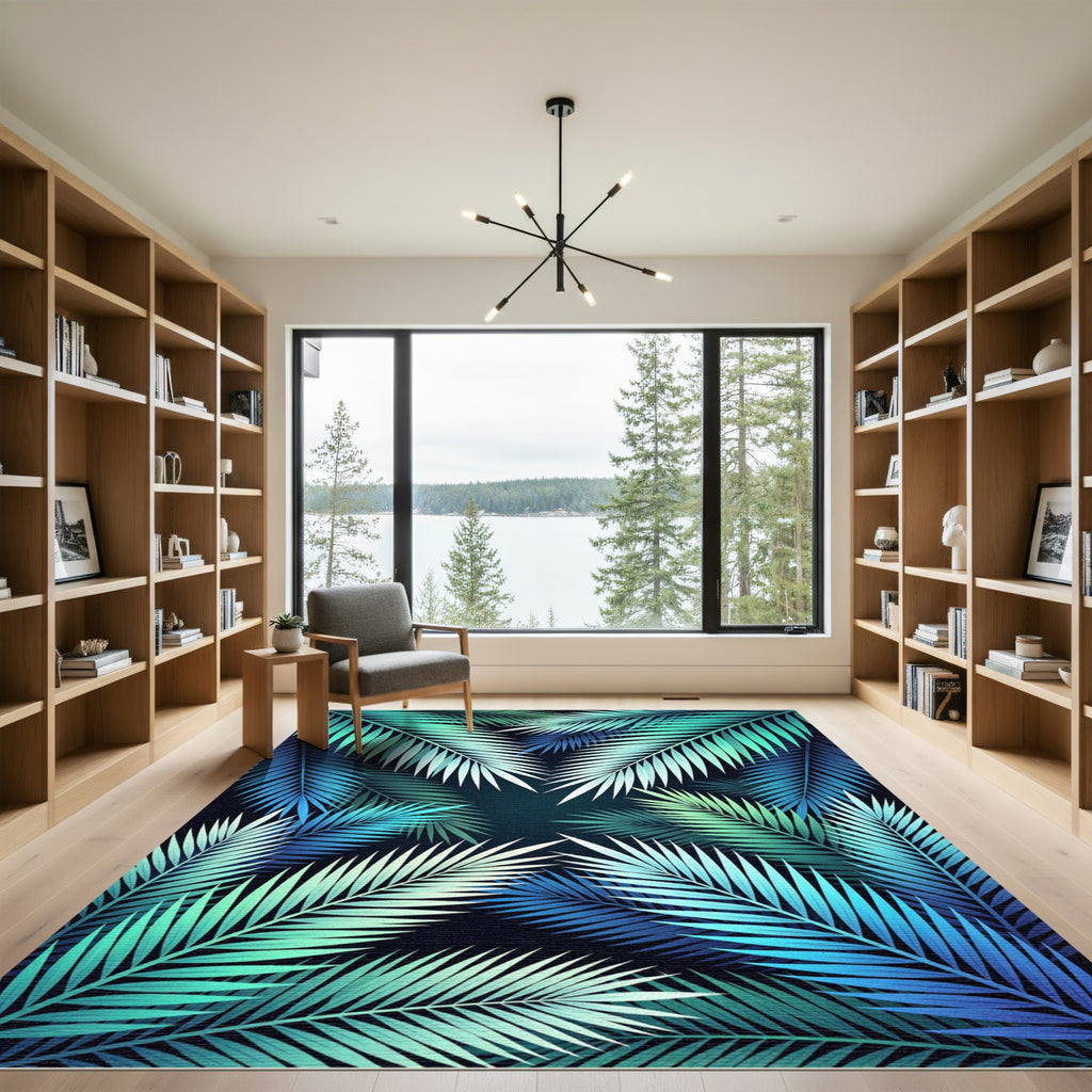 Teal Blue Palm Frond Cluster Rug