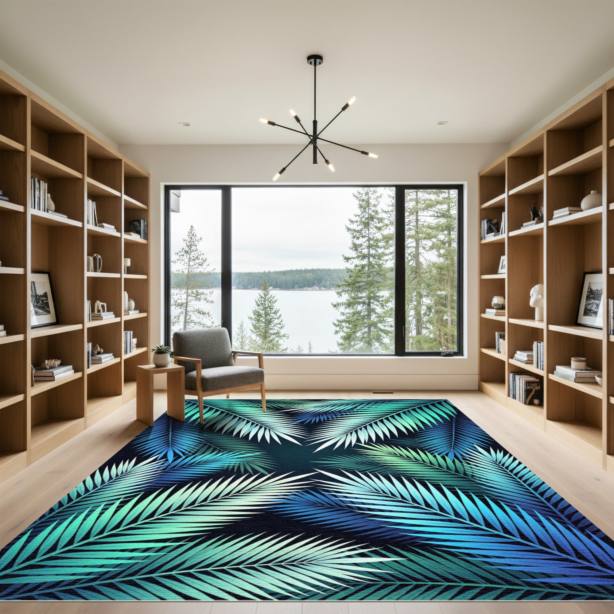 Teal Blue Palm Frond Cluster Rug