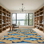 Blue Fish Nautical Illustration Sand Background Rug
