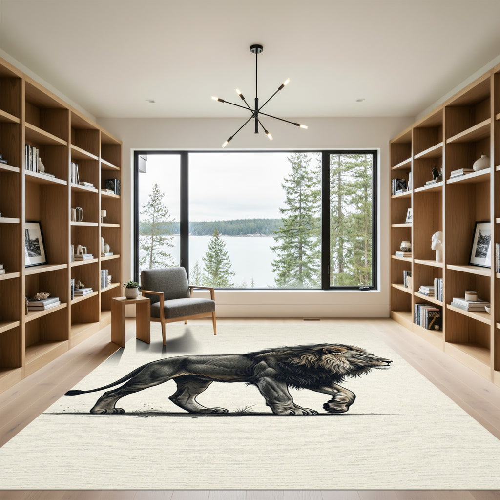 Majestic Charcoal Lion Portrait Illustration Rug
