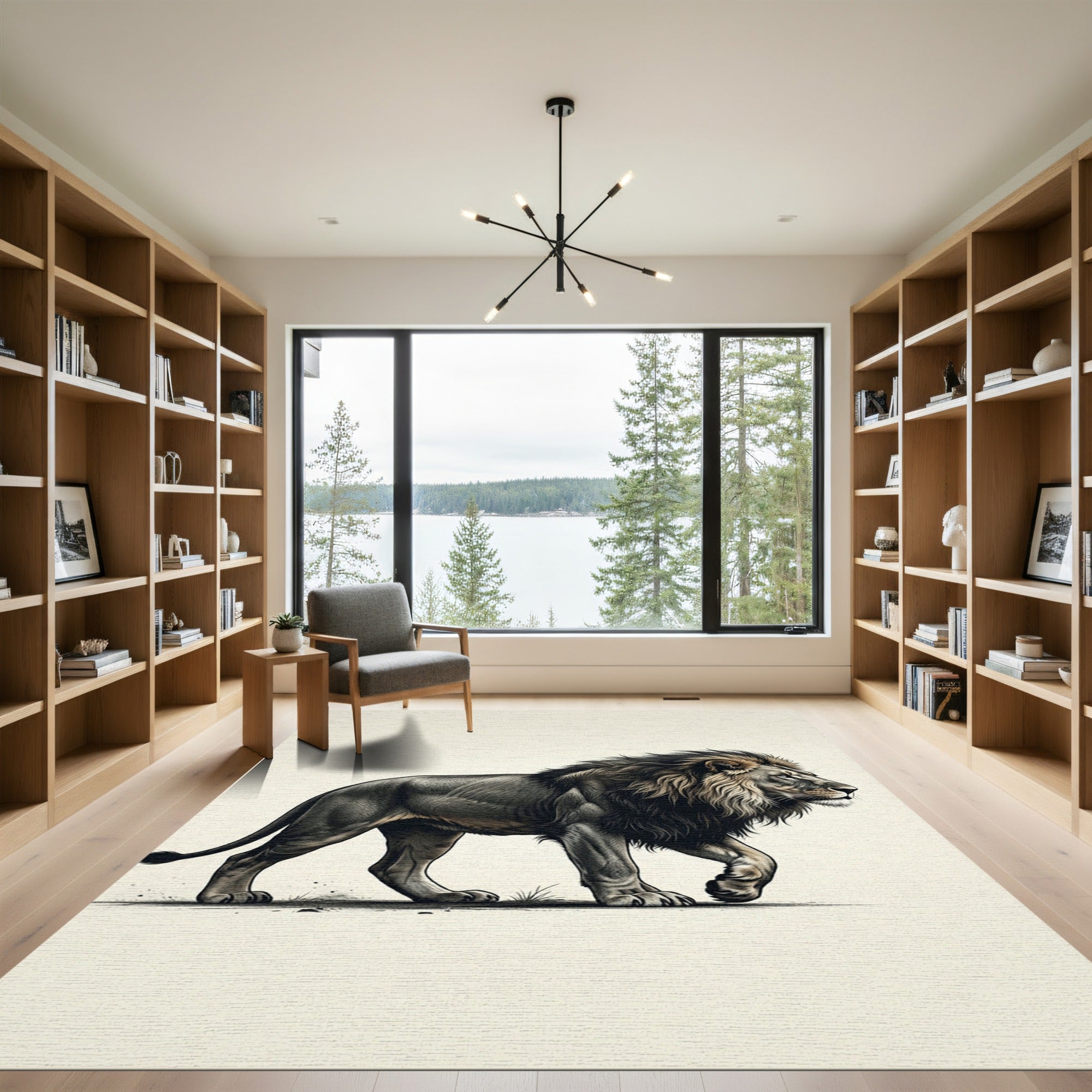 Majestic Charcoal Lion Portrait Illustration Rug