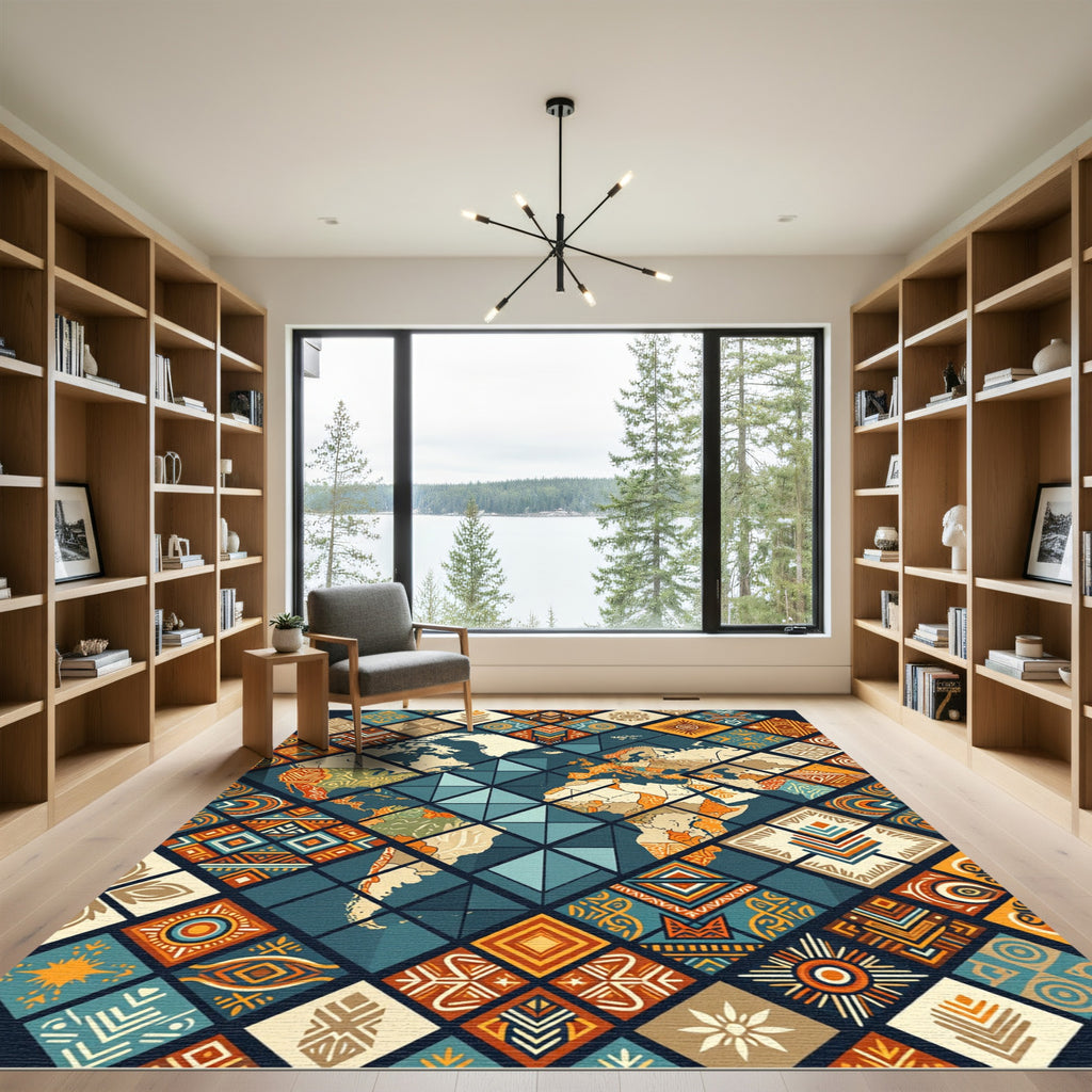World Map Tribal Geometric Patchwork Rug