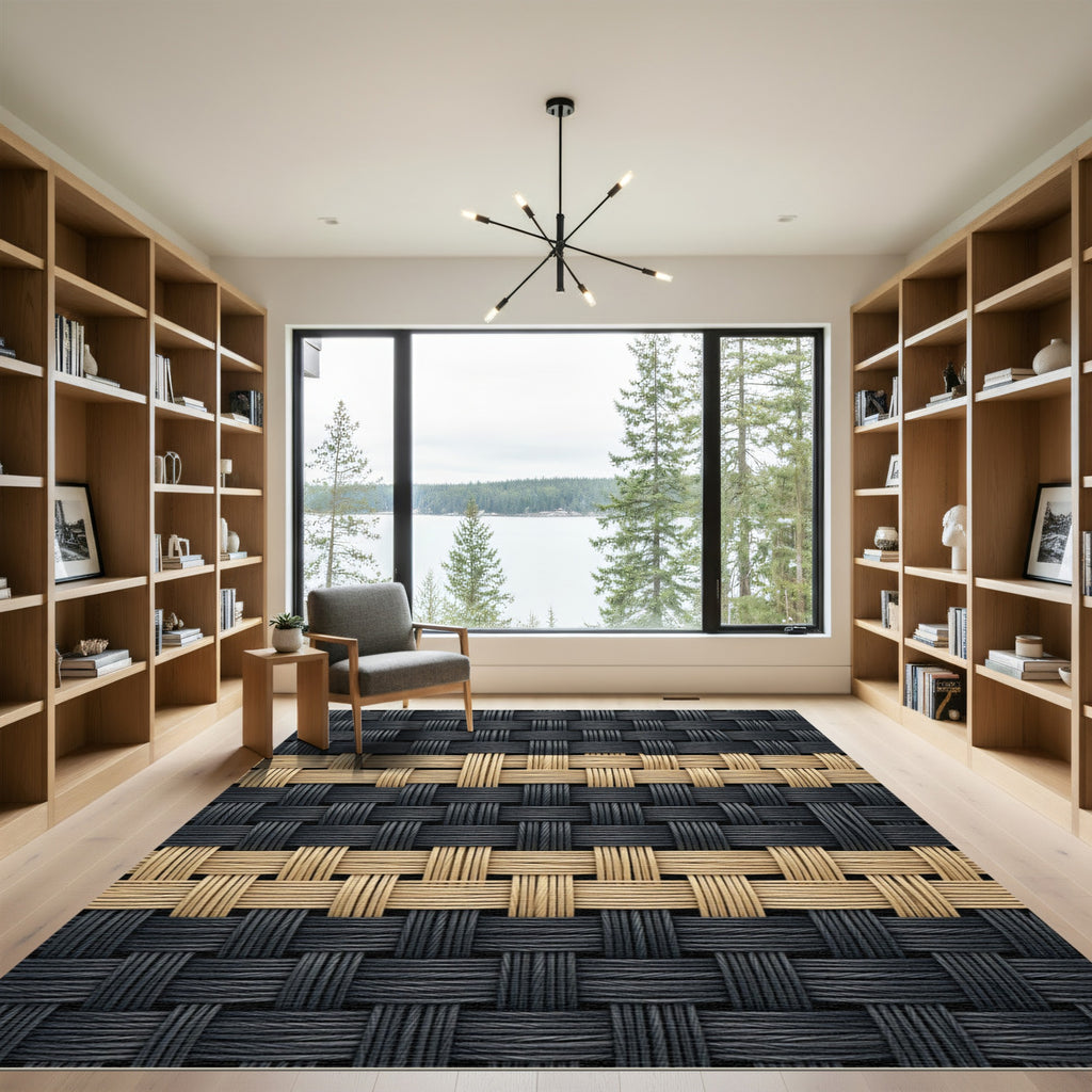 Two Tone Woven Black and Tan Grid Rug