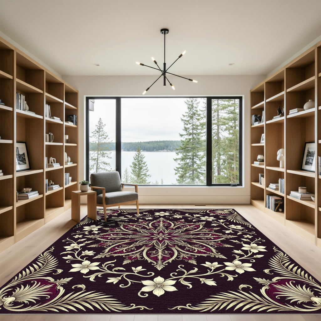 Elegant Midnight Burgundy Floral Medallion Rug