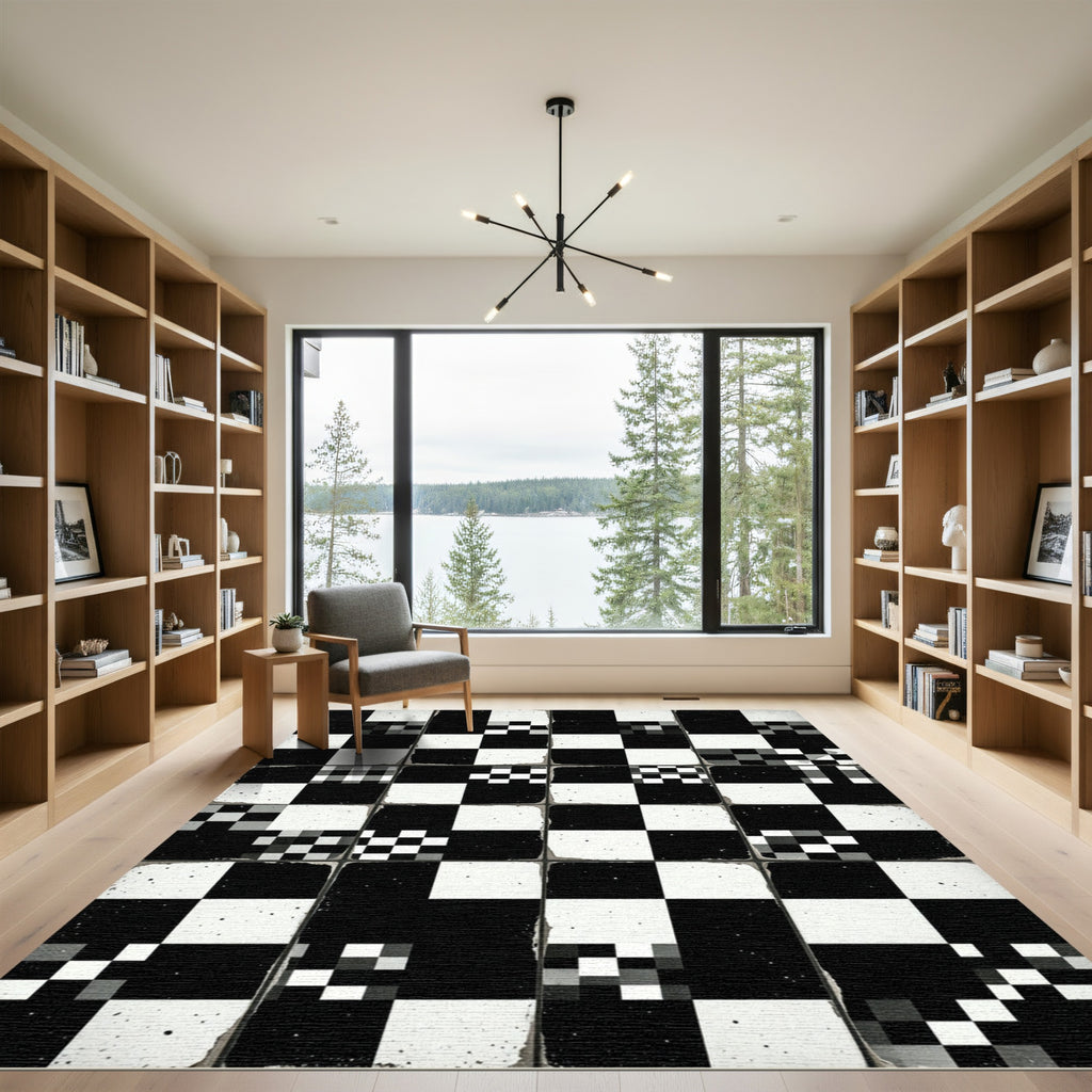 Monochrome Abstract Grid Checkered Square Rug