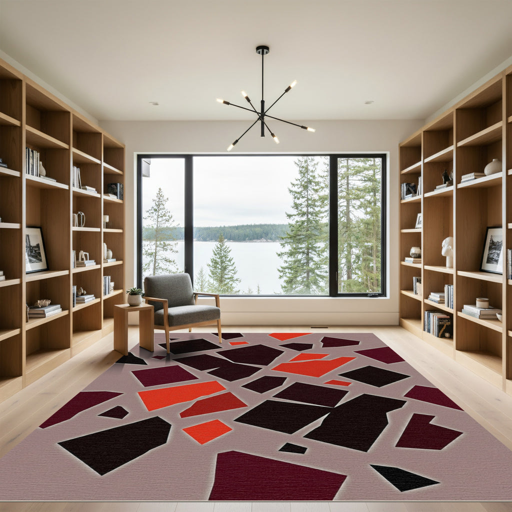 Modern Scarlet and Charcoal Block Abstract Rug