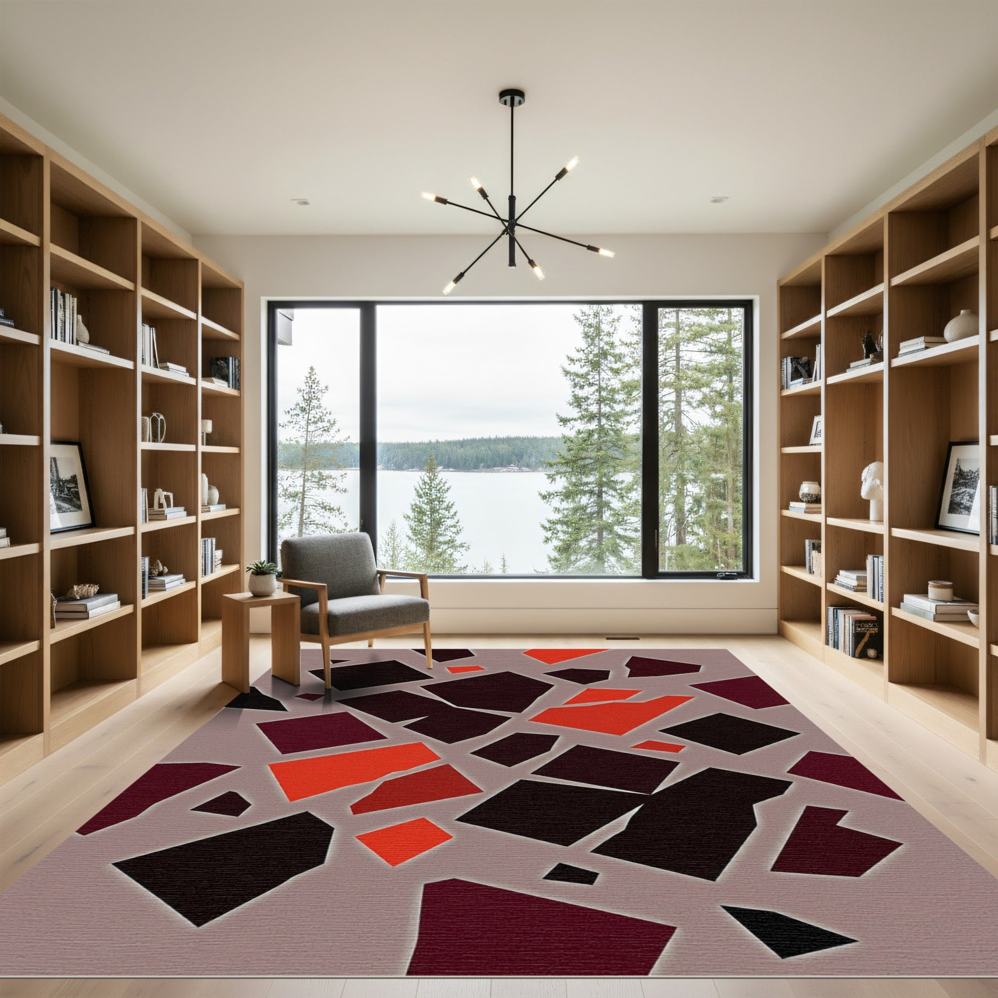Modern Scarlet and Charcoal Block Abstract Rug