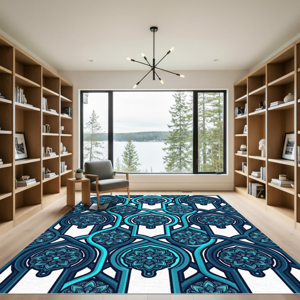Teal Blue Interlocking Floral Archwork Rug