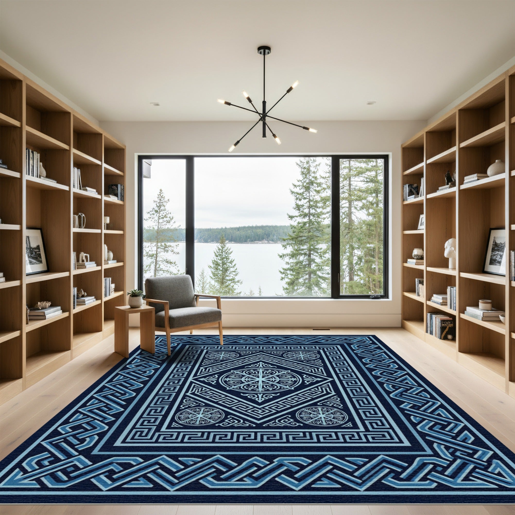 Geometric Navy Blue Interlocking Medallion Floor Covering Rug