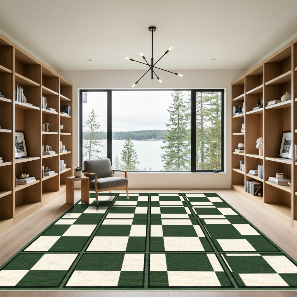 Deep Green Cream Checkerboard Composition Rug
