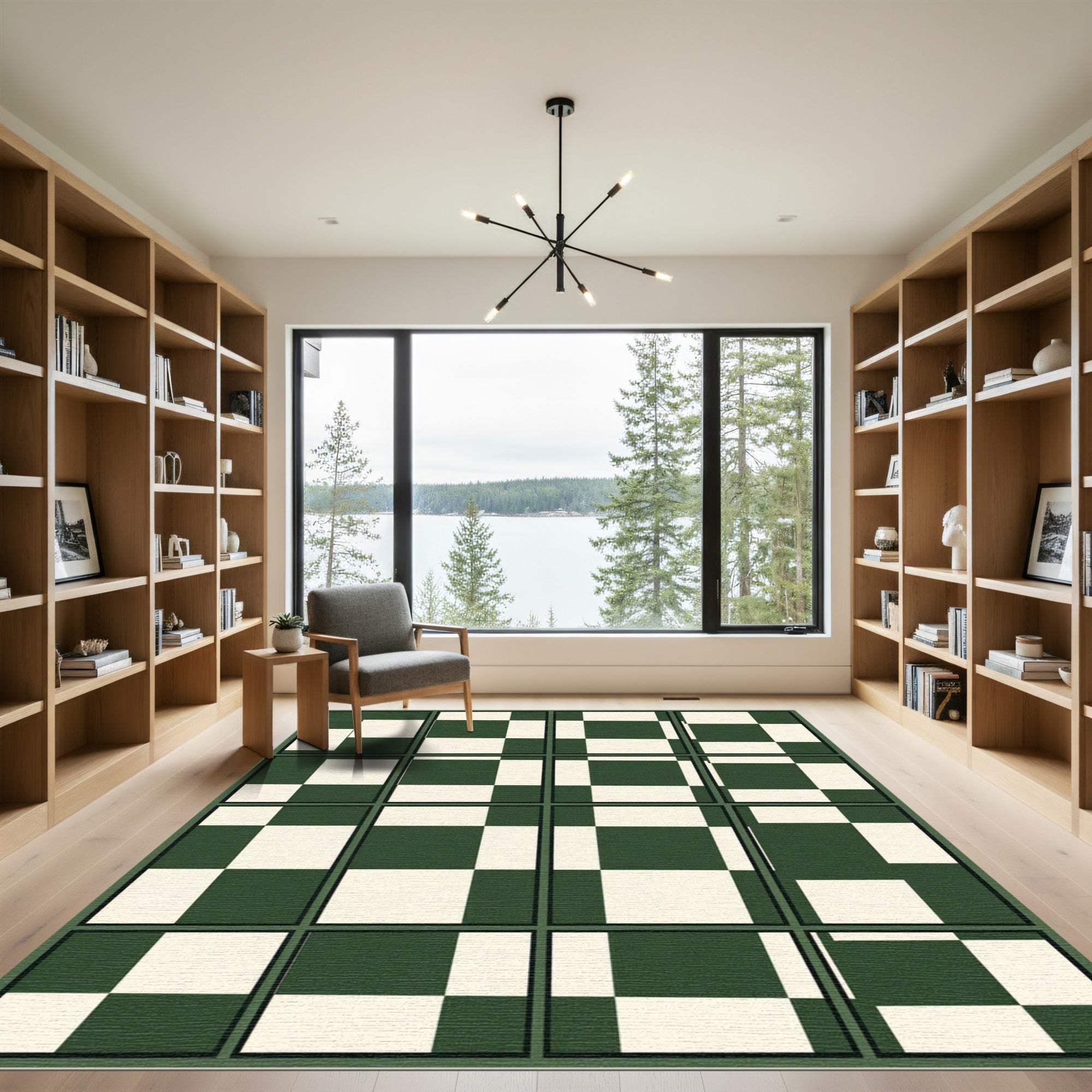 Deep Green Cream Checkerboard Composition Rug