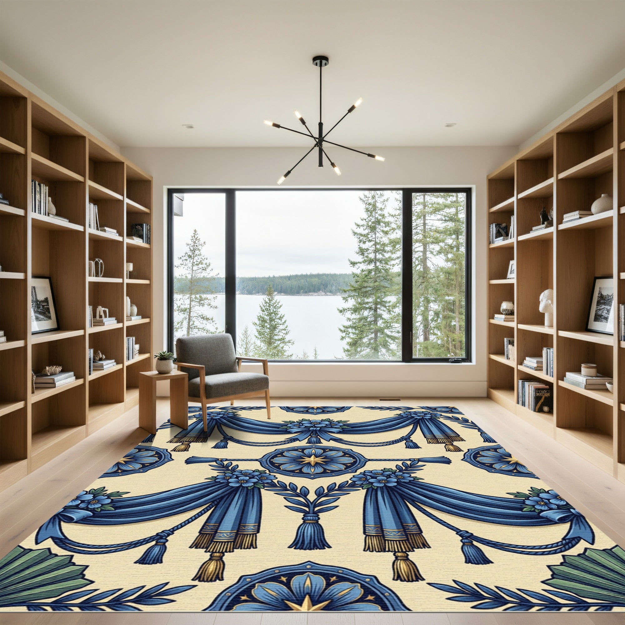 Regal Blue Floral Swag Tassel Medallion Rug