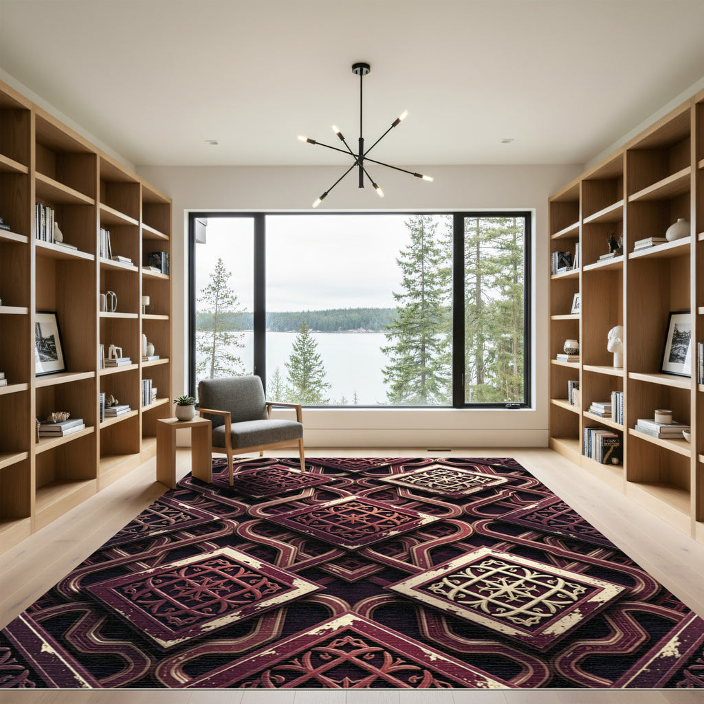Ornate Crimson Geometric Interlocking Tile Rug