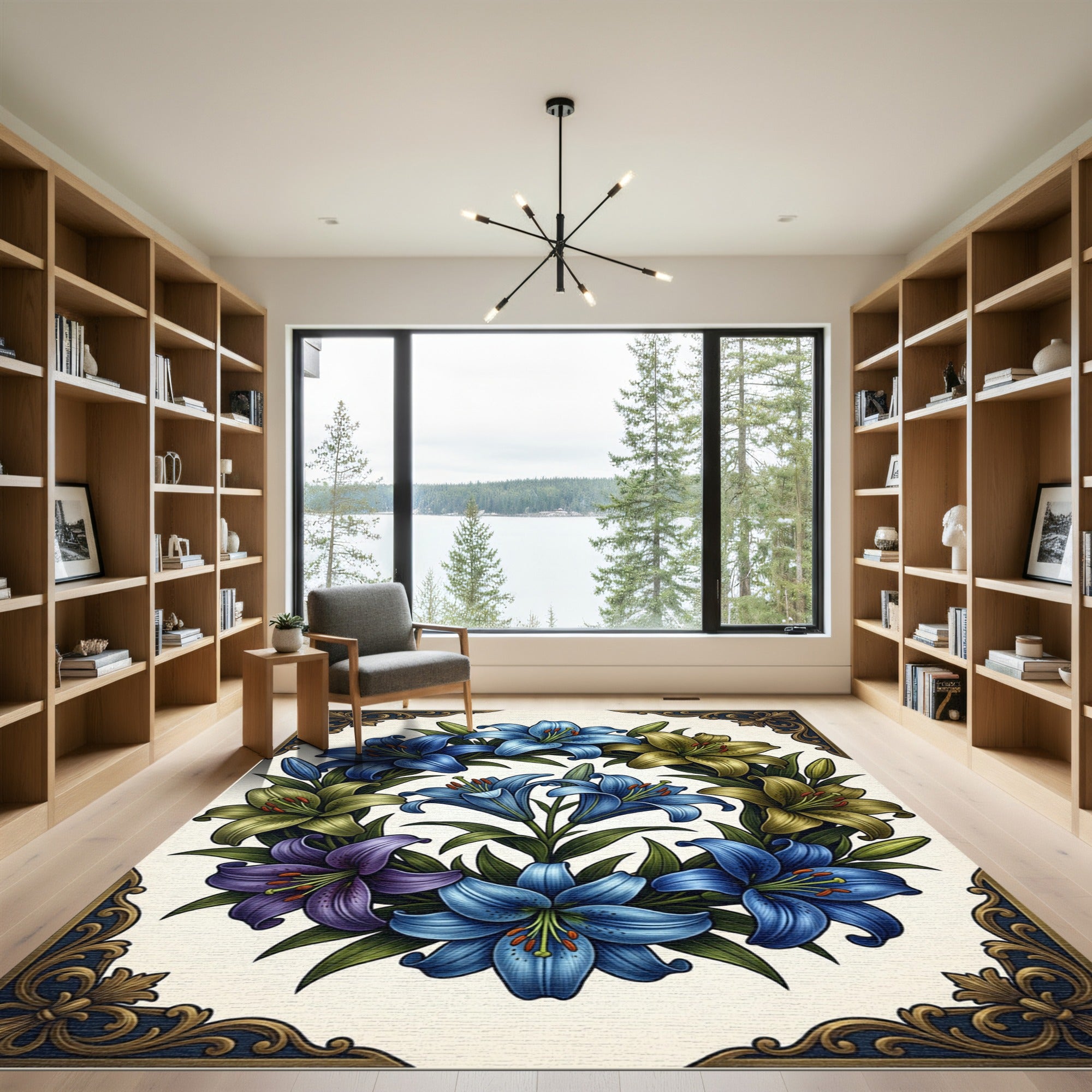 Elegant Blue and Gold Lily Wreath Rug