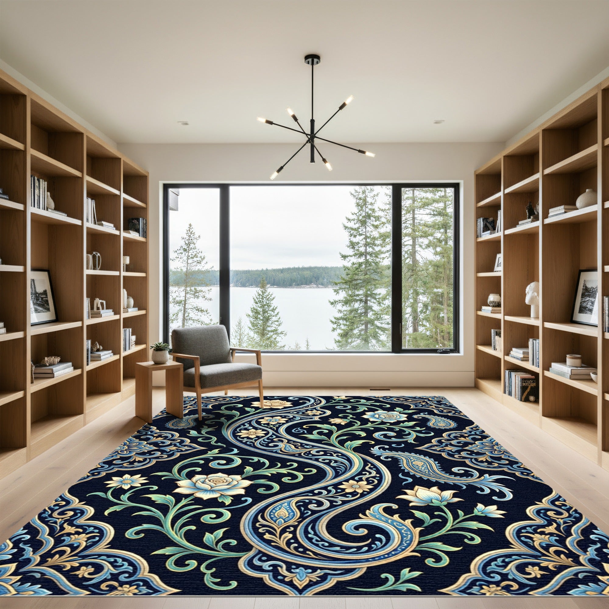 Elegant Navy Floral Paisley Swirl Rug