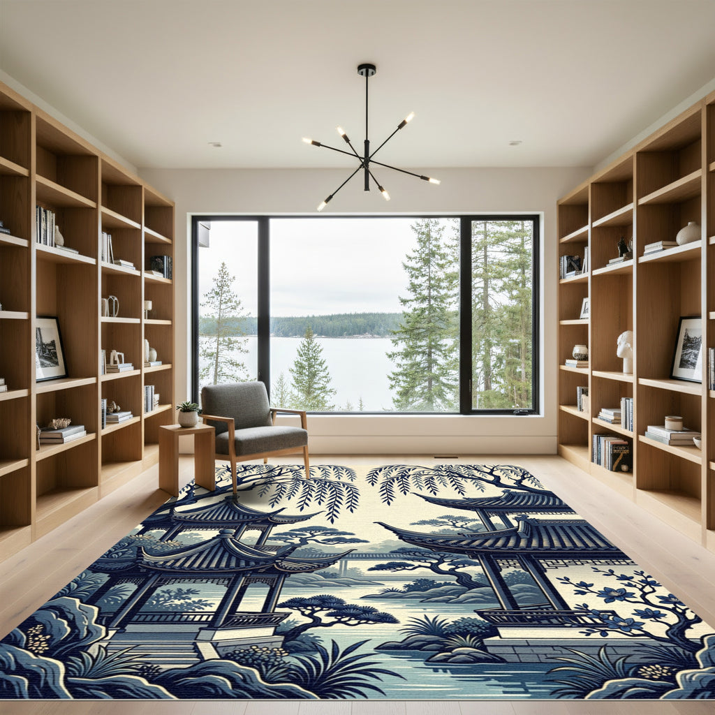 Blue Willow Pagoda Garden Landscape Rug
