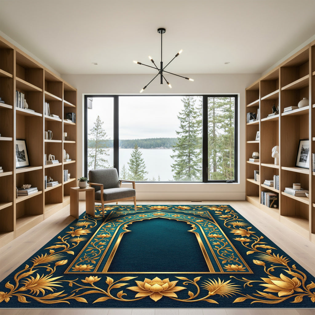 Ornate Teal and Gold Lotus Arch Rug