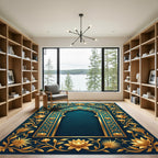 Ornate Teal and Gold Lotus Arch Rug