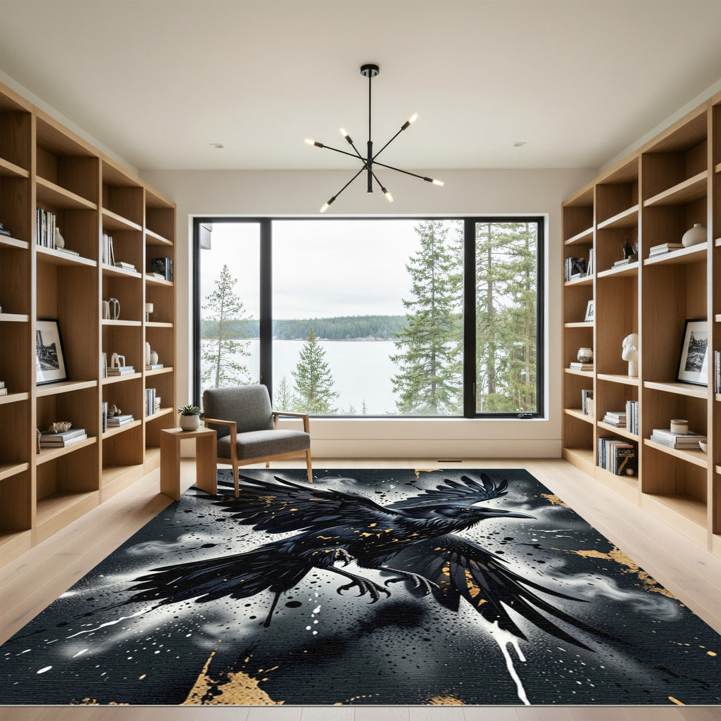 Black Raven Gold Splatter Art Rug