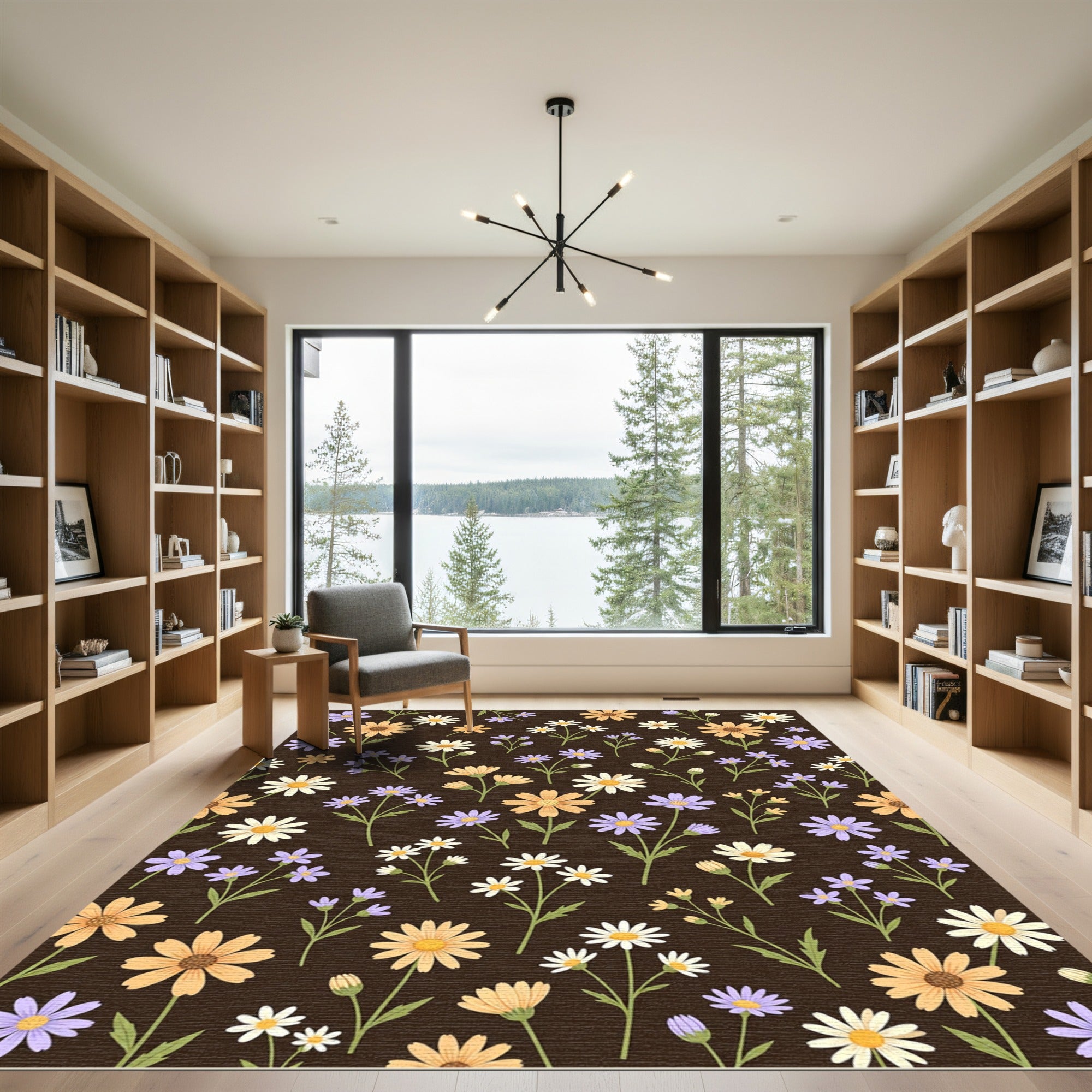 Daisies With Lilac Accents Dark Background Rug