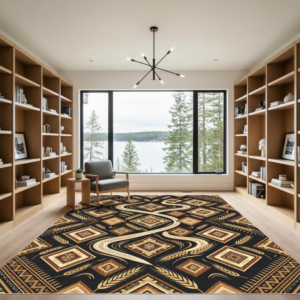 Earthy Gold Geometric Wheat Swirl Rug