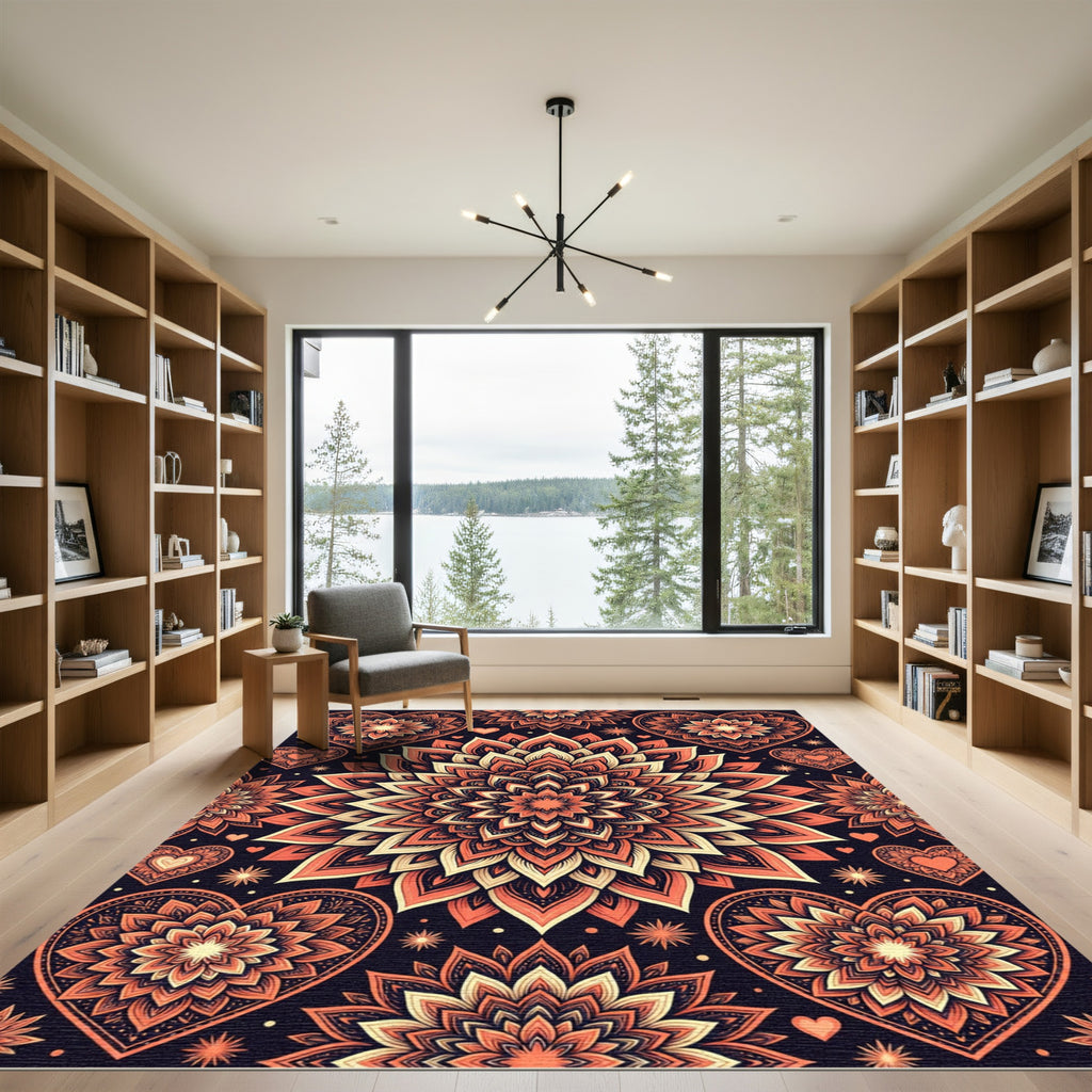 Orange Coral Heart Mandala Medallion Rug