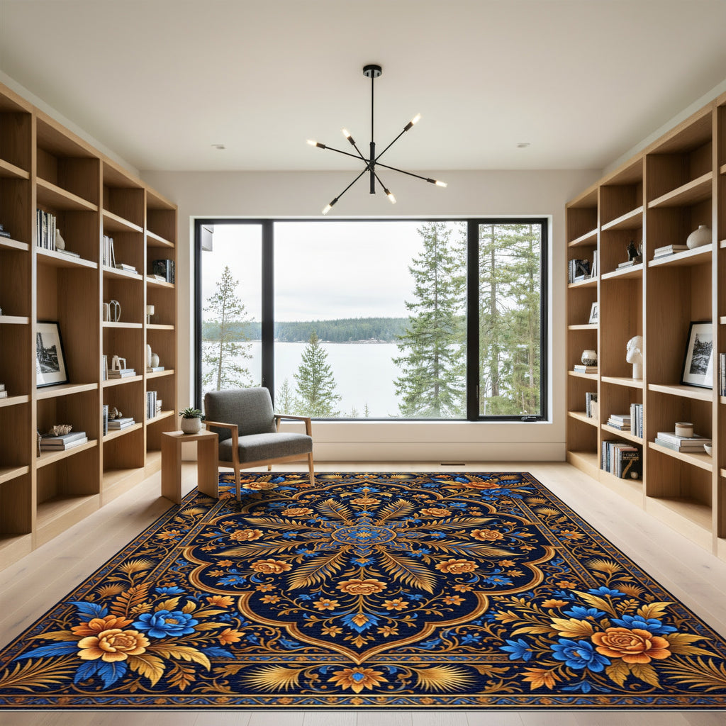 Golden Floral Medallion Indigo Royal Accents Rug