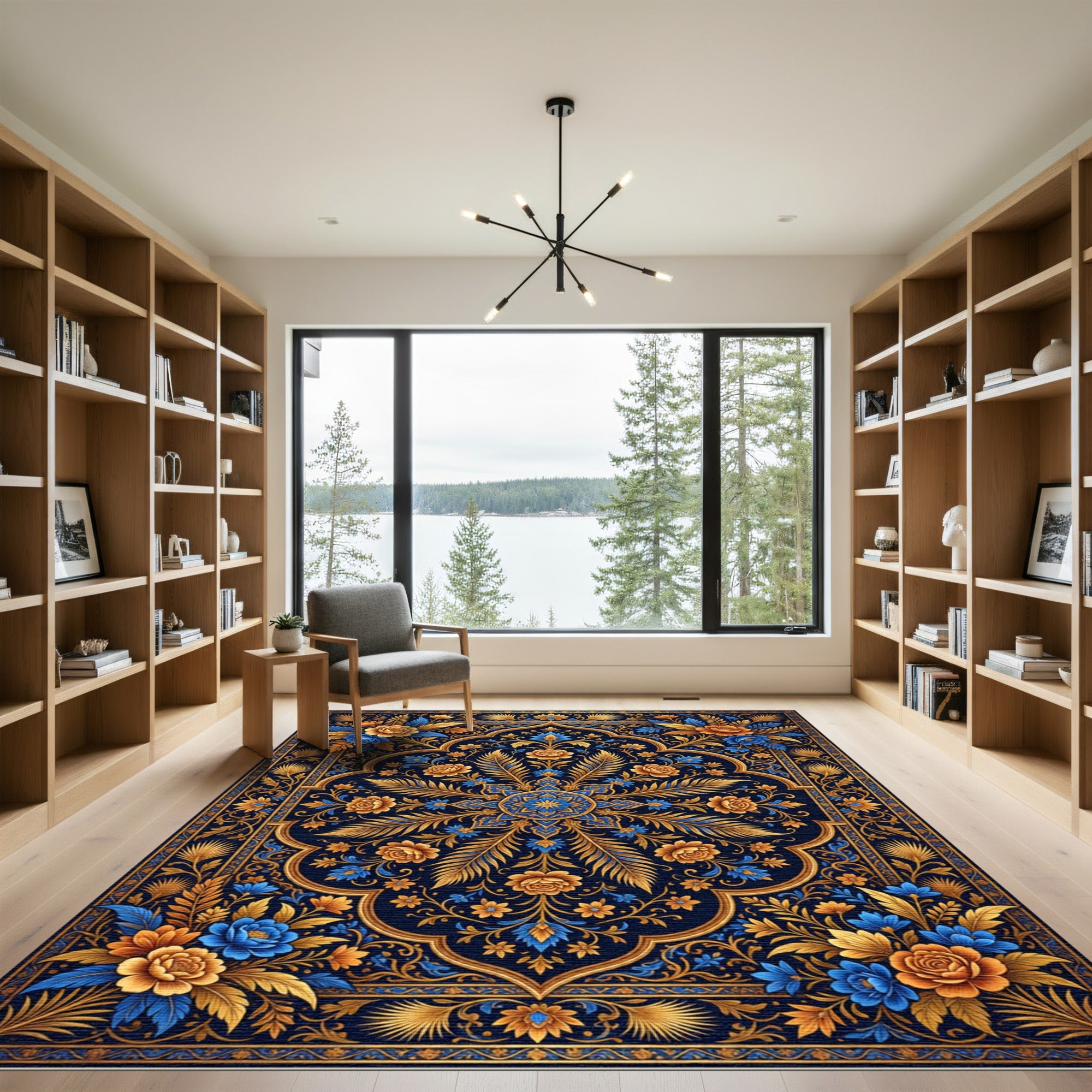 Golden Floral Medallion Indigo Royal Accents Rug