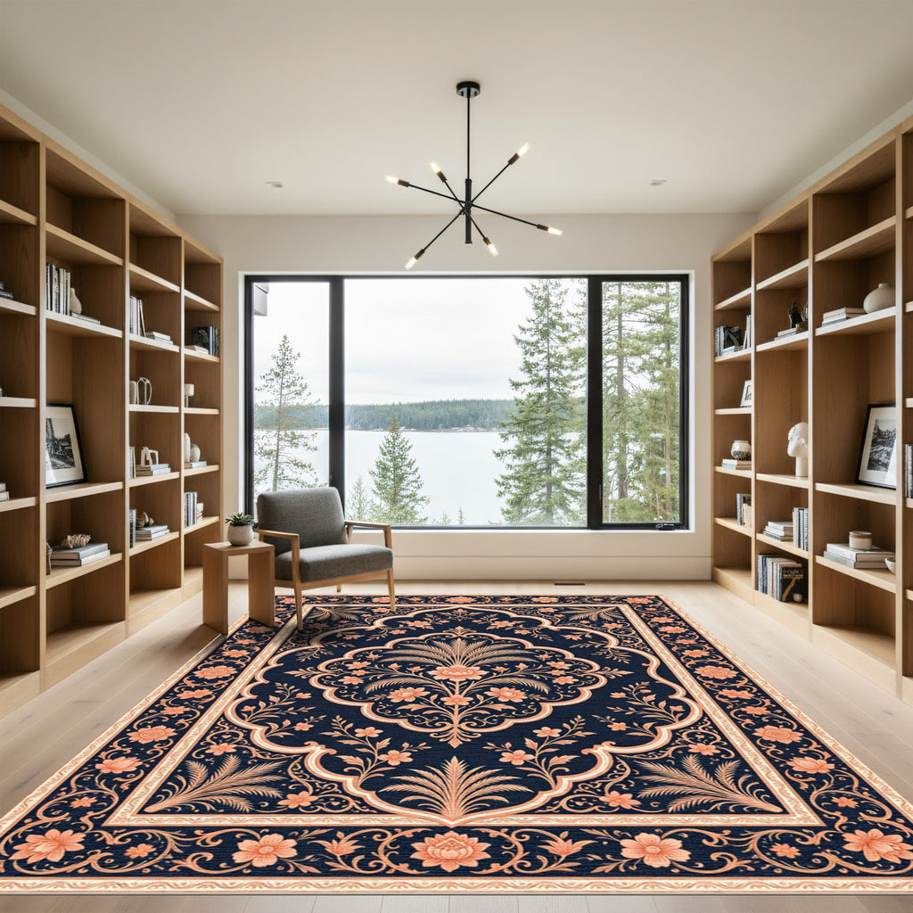Coral Floral Archway Dark Blue Rug
