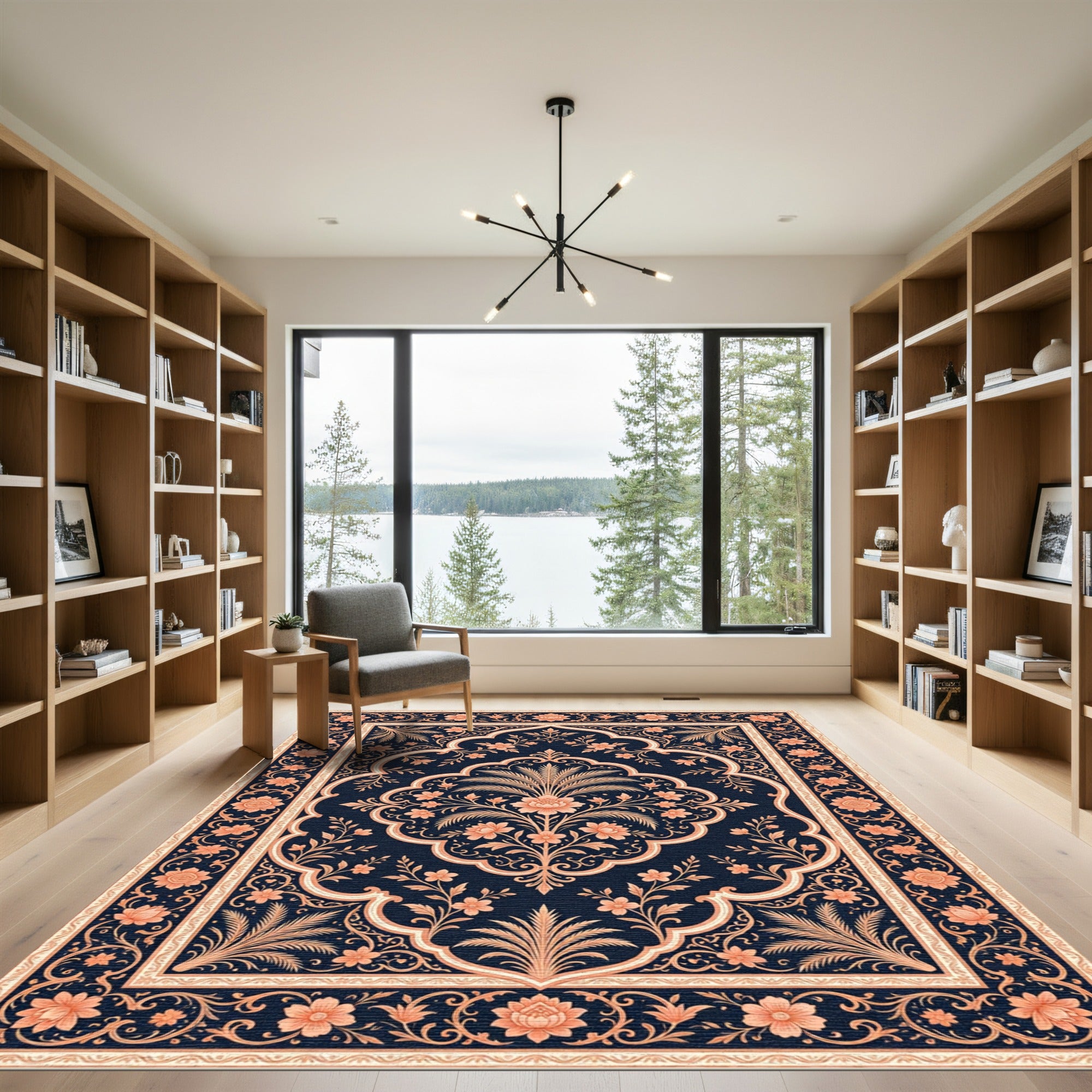 Coral Floral Archway Dark Blue Rug
