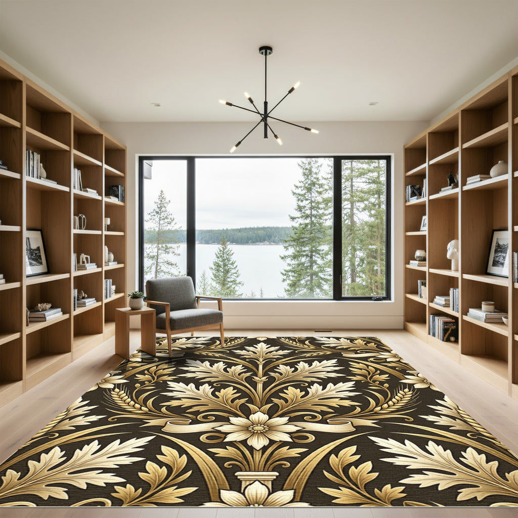 Ornate Gold Leaf Floral Meadow Rug