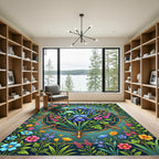 Floral Iris Botanical Teal Gold Frame Rug