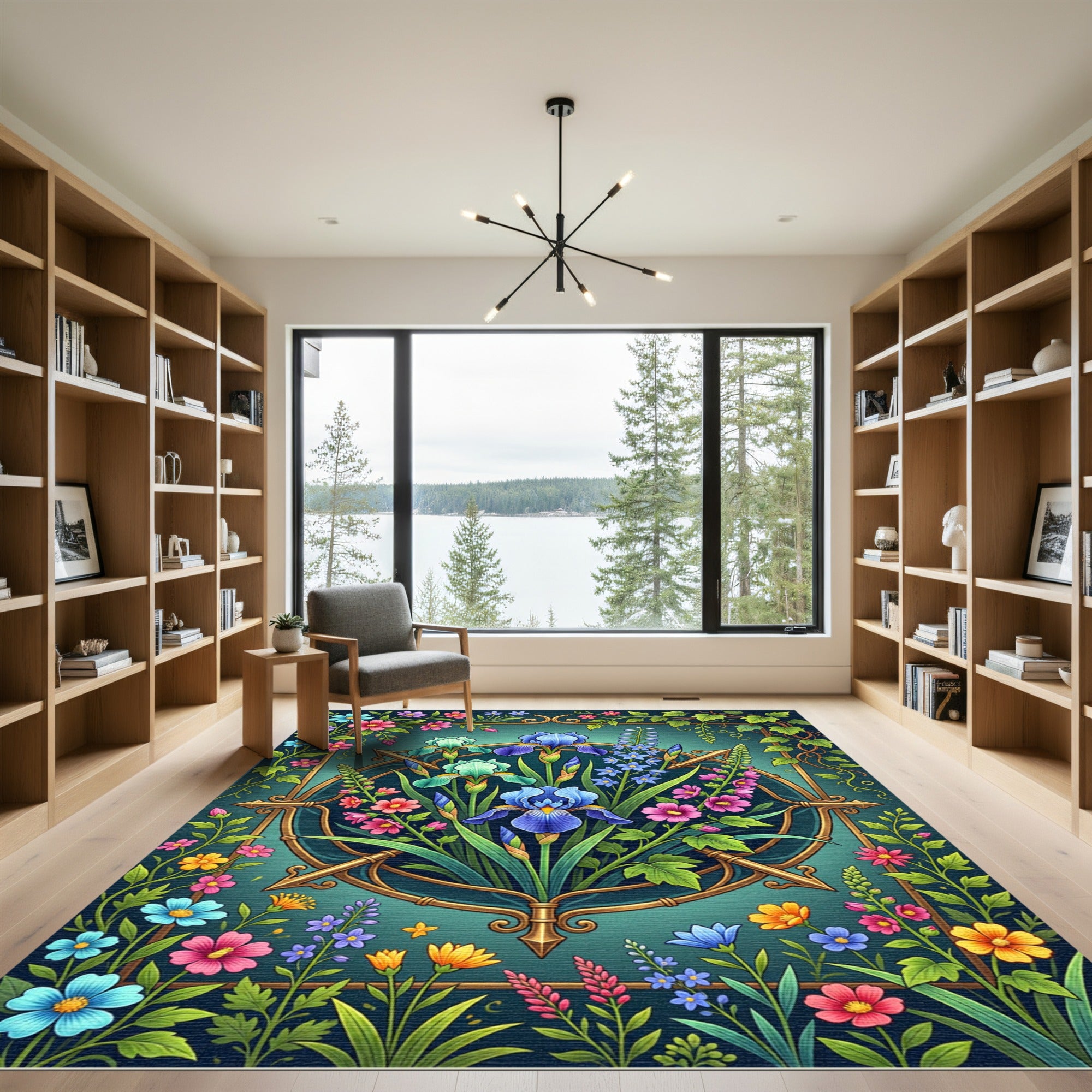 Floral Iris Botanical Teal Gold Frame Rug