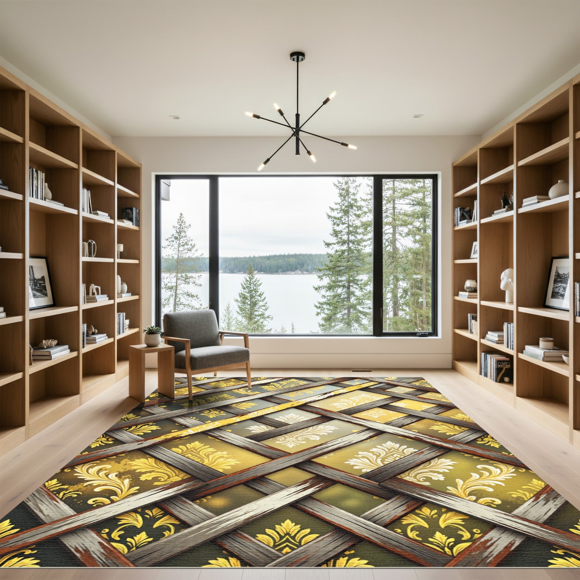 Golden Damask Lattice Weathered Wood Rug