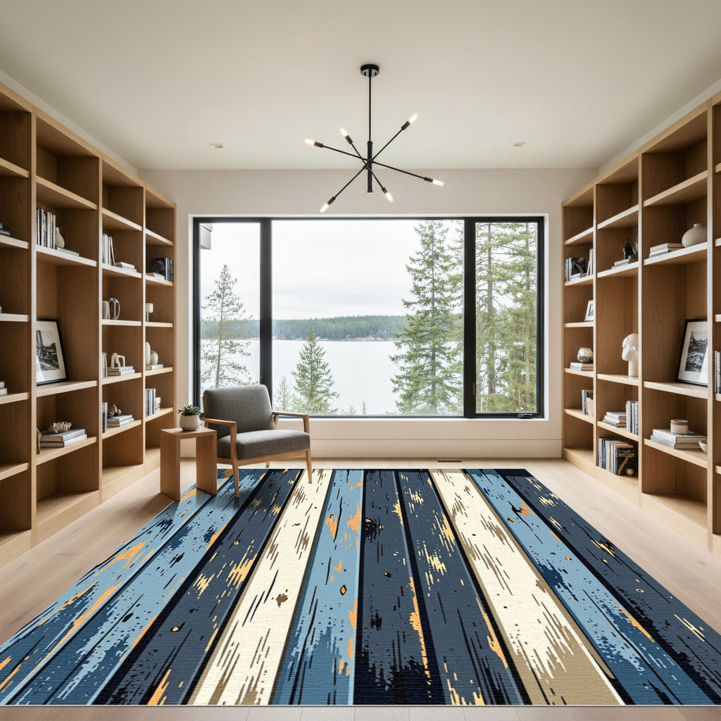 Rustic Navy and Cream Weathered Plank Rug